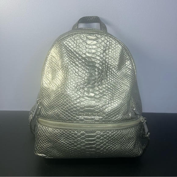 Michael Kors Rhea Silver Metallic Faux Snakeskin Python Embossed Backpack - Picture 1 of 17